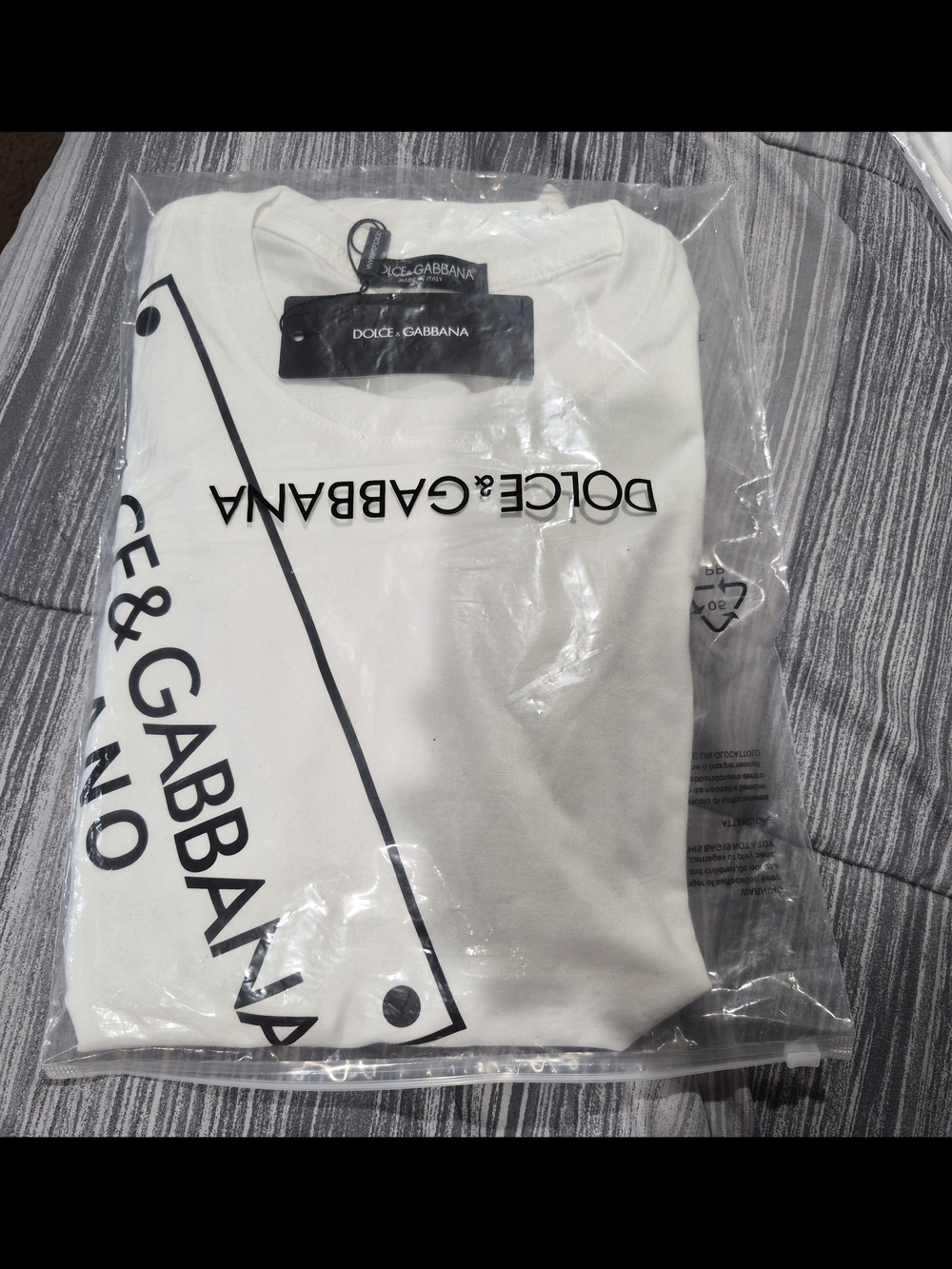 Dolce & Gabbana White Tee with Black Diagonal Logo Plaque - Picture 3 of 7